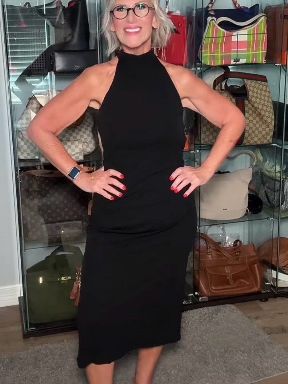 Backless High-Neck Black Midi Dress #3216